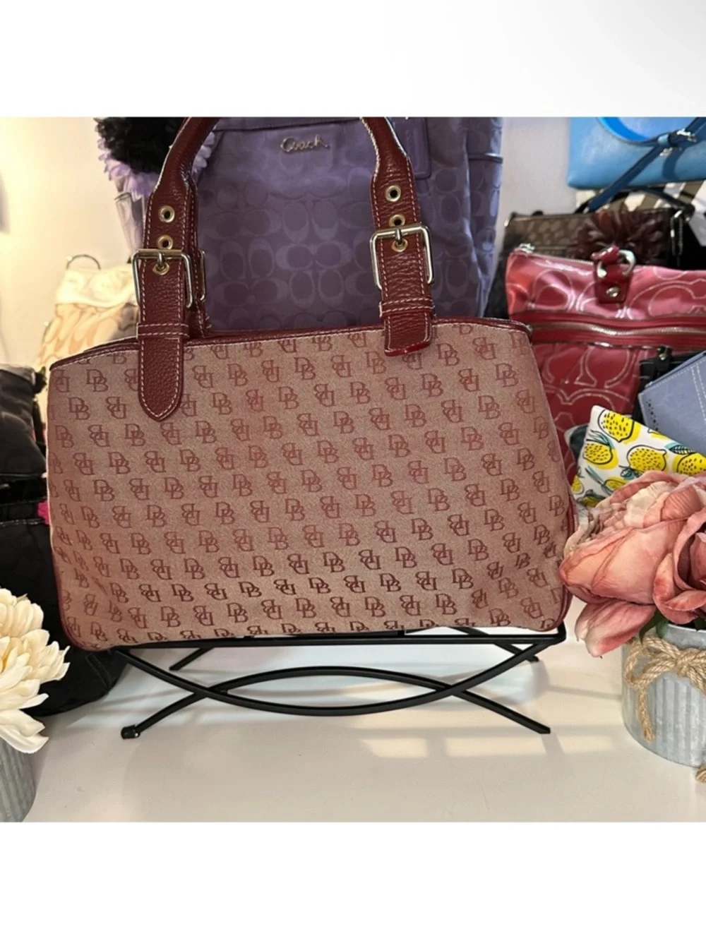 Dooney & Bourke Pink Monogram Satchel with Burgundy Trim